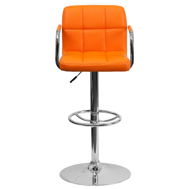 Contemporary Orange Quilted Vinyl Adjustable Swivel Barstool with Chrome Base