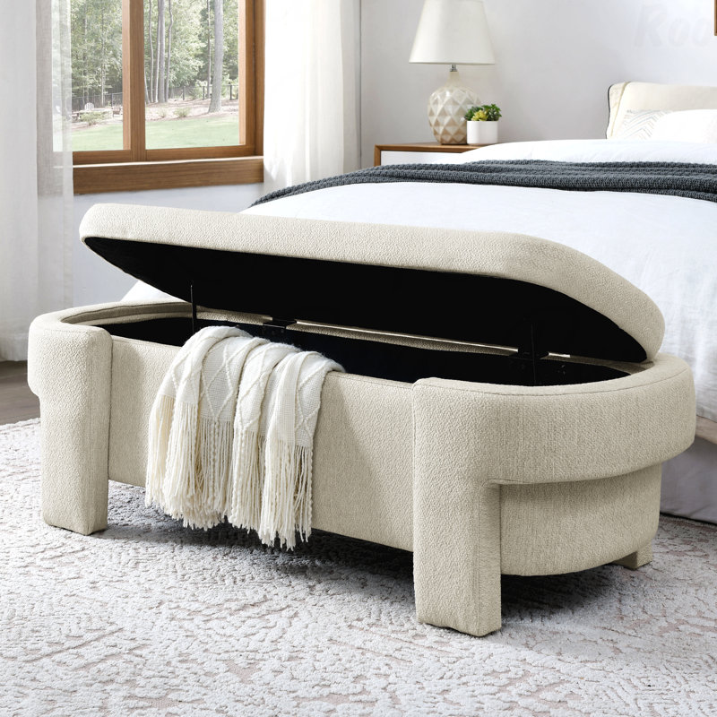 Linen Upholstered Large Storage Ottoman Bench - Beige, Beige