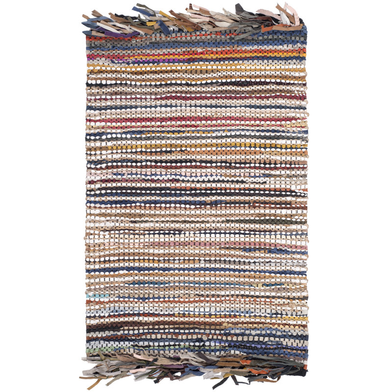 Exley Vintage Leather Hand Woven Leather Cotton/Jute Striped Rug in Brown, Rectangle 3' x 5'