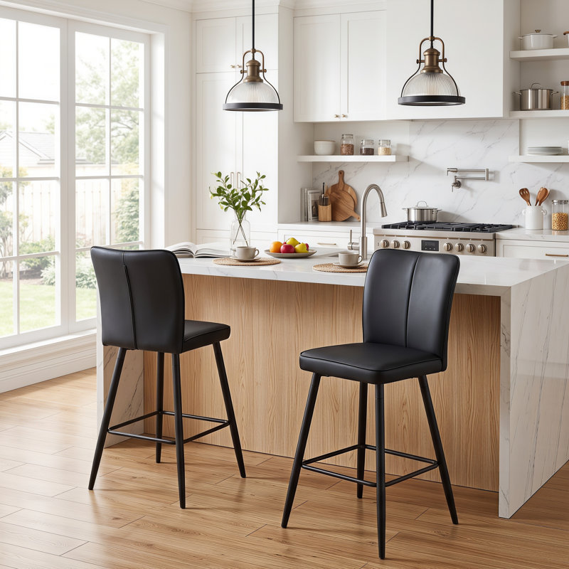 Tabouret de bar moderne en similicuir 24 po avec structure en métal, Noir, Noir