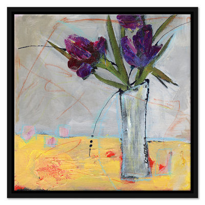 «Mauve iris sur jaune» par Jill Krasner - Peinture sur toile à cadre unique