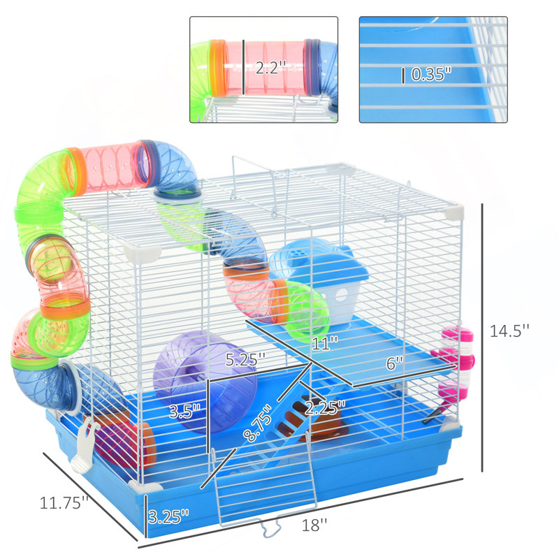 Cage à hamster 18 "à 2 niveaux avec roue et bouteille d'eau, bleu