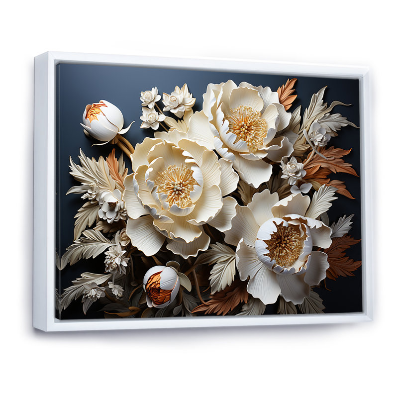 Pivoines dévoilées «I Blooms I» sur toile, H 12 po x l 20 po x P 1 po, Cadre flottant blanc