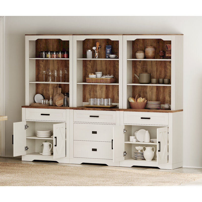 3 Column Bookcase With Drawer,73.3" Tall Floor Standing Bookshelf,Modern Farmhouse Display Storage Cabinet With Adjustable Shelves,Cream White
