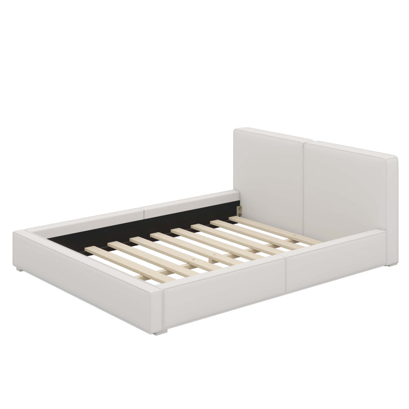 Grand lit plateforme tapissier en bois massif robuste, Beige