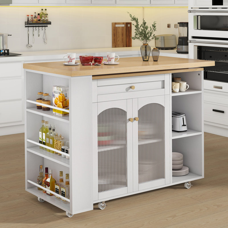 Kitchen Island with Storage on Wheels, Kitchen Cart Table Storage Cabinets, White, White