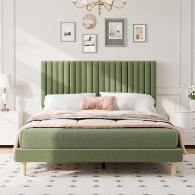 QUEEN Velvet Upholstered Platform Bed with Adjustable Channel-Tufted Headboard, Wooden Slat Support and No Box Spring Needed for Modern Bedrooms