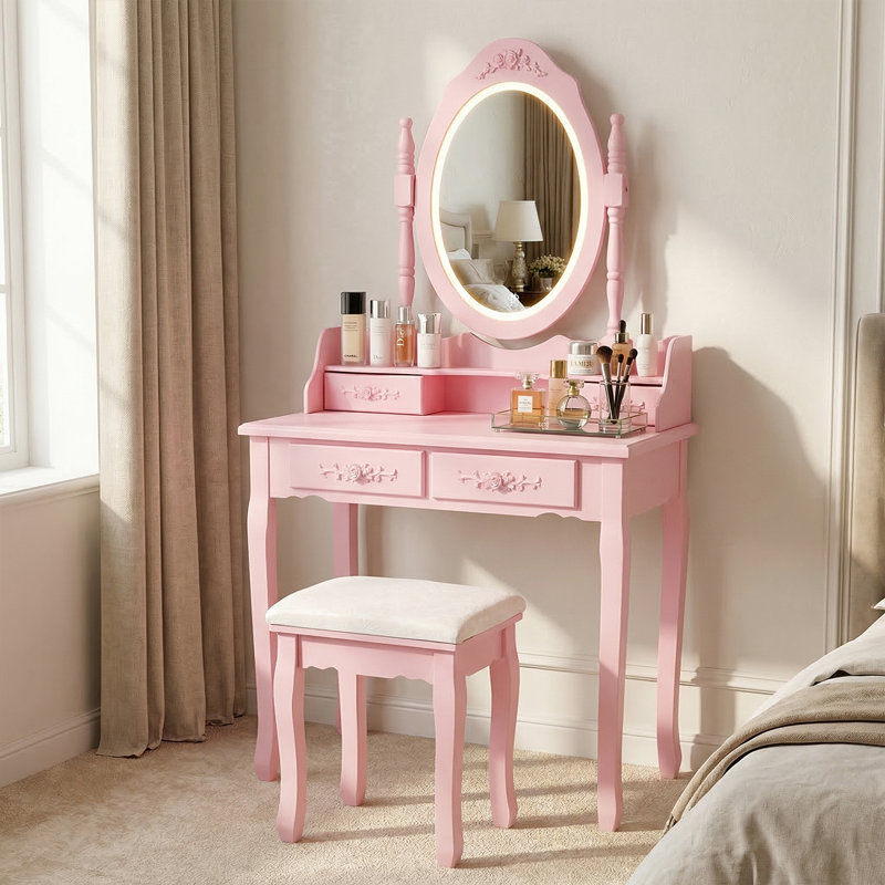 Ensemble de coiffeuse maquillage avec miroir à 360 ° et tabouret rembourré - Bureau de chambre 4 tiroirs, Rose