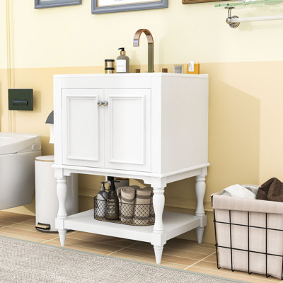 Meuble-lavabo rétro avec lavabo en céramique, tablette ouverte et armoire de rangement fermée