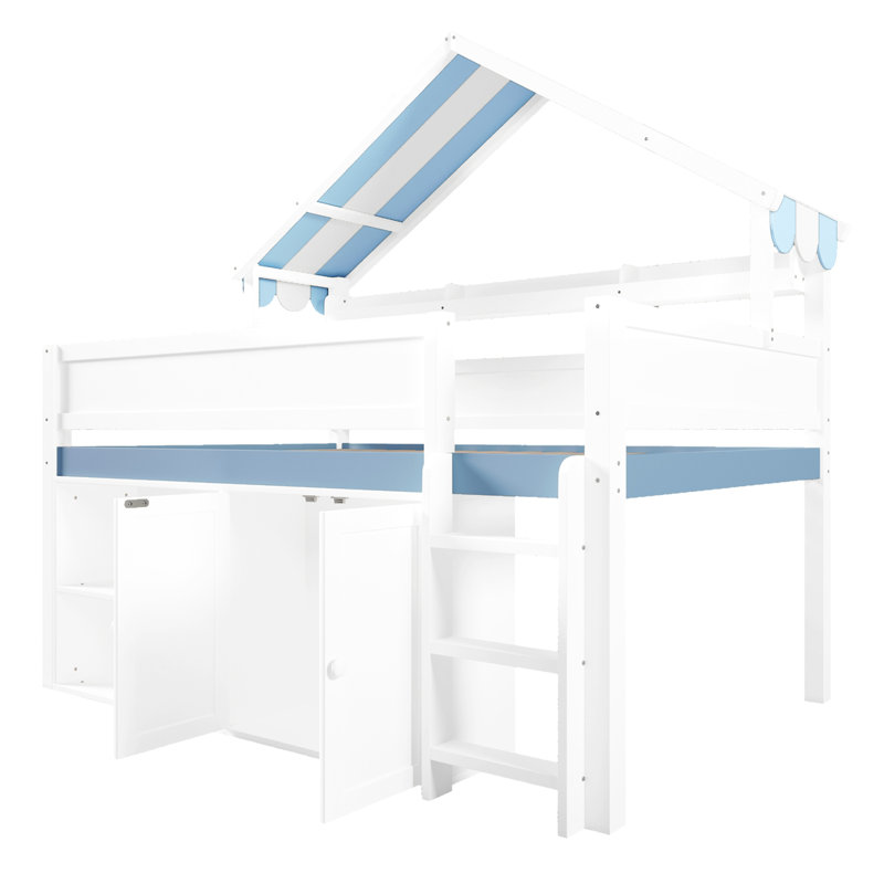 Lit mezzanine double avec toit à baldaquin et armoire de rangement, blanc et bleu, Blanc / Bleu