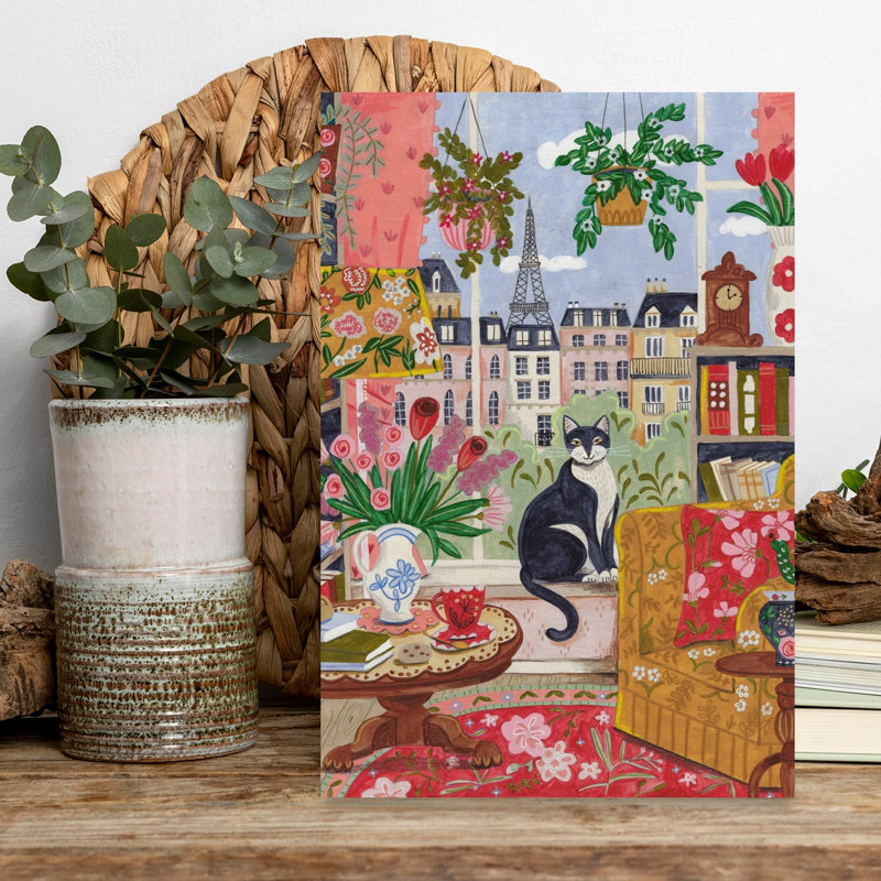 Cat In Front Of Window In Paris Bright Colours Colorful Elegant Vibrant Cat City Flower Wall Art Print 1 Piece Wrapped Canvas Wall Art
