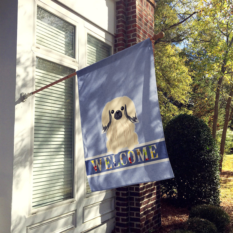 Polyester 2 côtés 40 x 28 po welcome drapeau maison, Pékinois crème assis