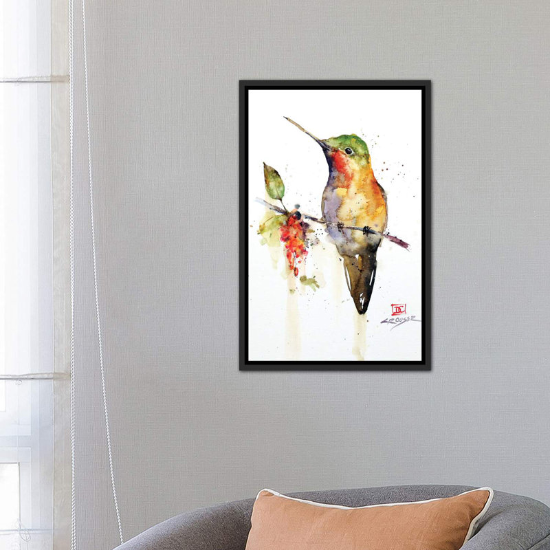 Colibri sur une branche - impression, H 18 po x l 26 po x P 1,5 po, Cadre noir vieilli