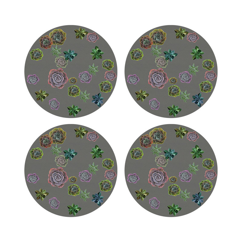 Succulents Floating Vegan Leather Round Pebble Placemat, Gray