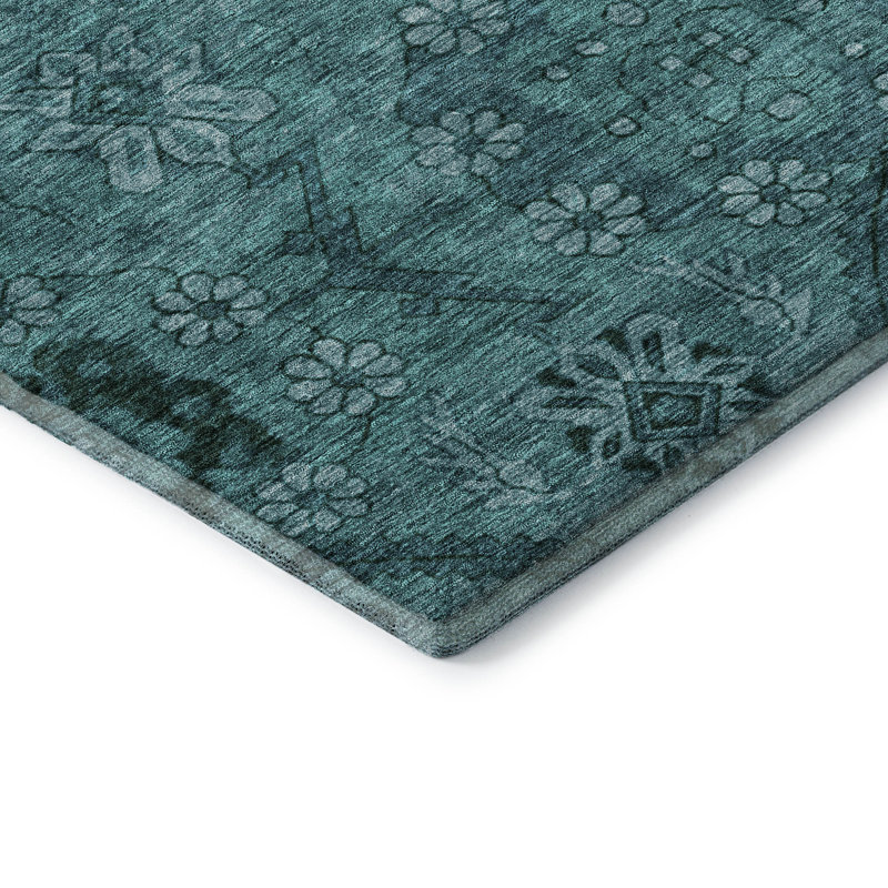 Tapis bleu sarcelle lavable à la machine Premium Prisco, Rectangle 5 pi x 7 pi 6 po