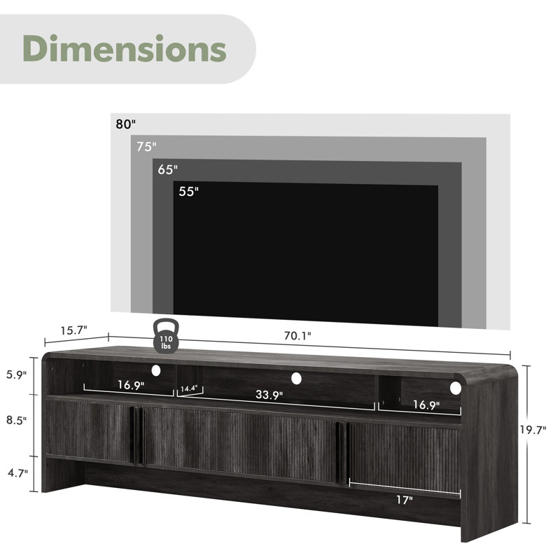 Dulane Modern Farmhouse 70" Tv Stand For Tvs Up To 75" With  2 Doors And Open Storage, Black, Black