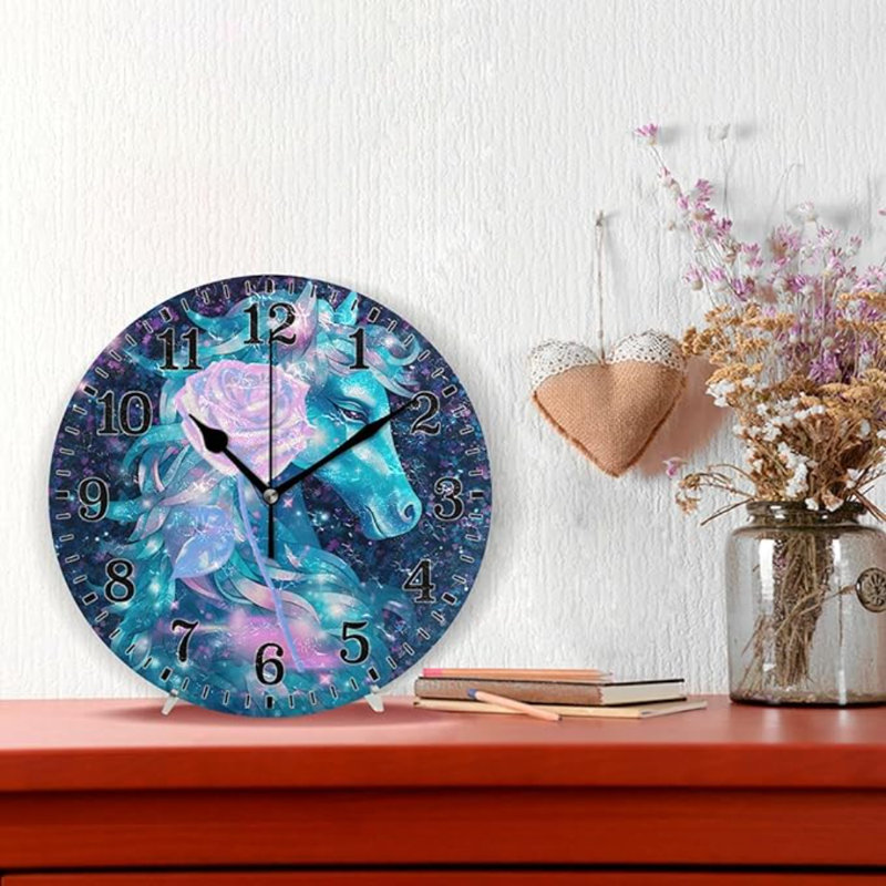 JUNZAN Bleu mauve Creative Rose sur licornes rondes Horloges de salle de bain Horloges murales Batterie de cuisine moderne de 10 pouces pour la maison