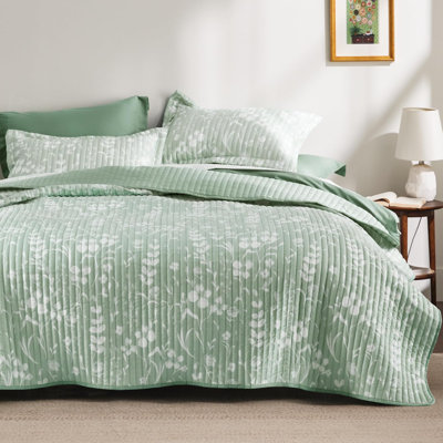 Ensemble de courtepointe à motif floral - Ensemble de literie réversible à motif de courtepointe botanique, 3 pièces, couvre-lit léger et couvre-lit en microfibre douce avec 2 taies décoratives pour toutes les saisons (90 po x 96 po)