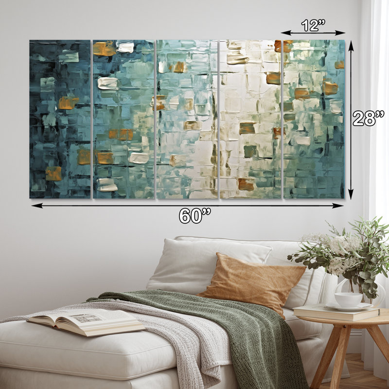 «Vintage Impermanence In Retro Gold Shades I», reproduction d'art murale abstraite - 5 panneaux égaux