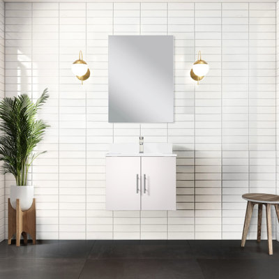 Meuble-lavabo blanc lustré 61 cm (L) x 56 cm (P) avec comptoir en quartz, miroir et robinet - Résistant aux égratignures et aux taches