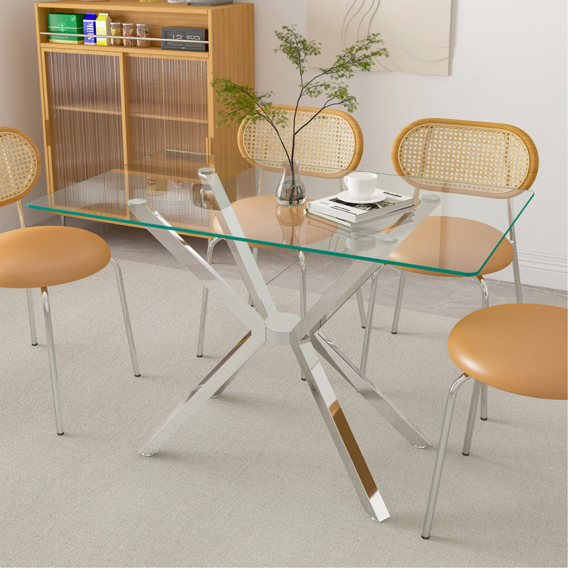 Table de salle à manger rectangulaire en verre trempé transparent, conception élégante avec pieds en métal, table de cuisine pour la salle à manger