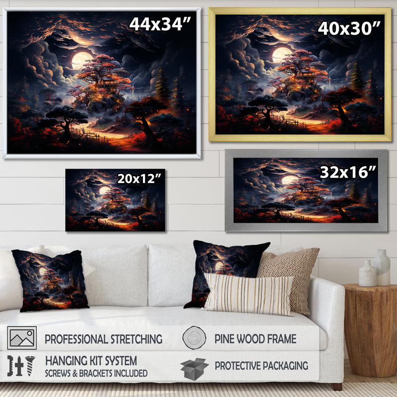 «Black Nebula Nights Castle Treehouse II», art mural Chine, Cadre flottant noir, H 24 po x l 32 po x P 1 po