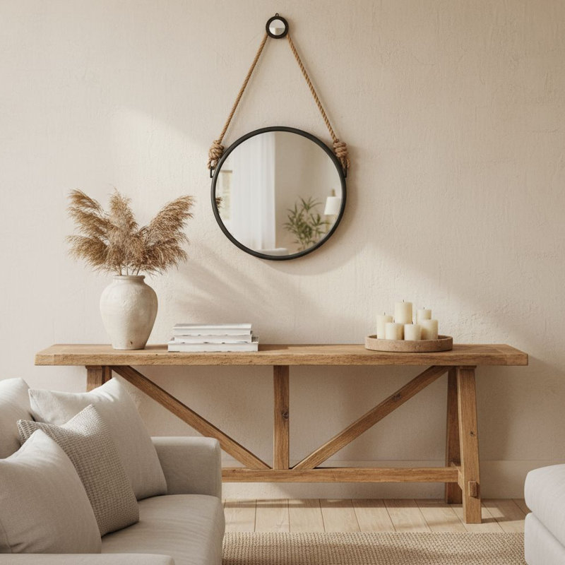 Miroir rond en fer avec support en corde