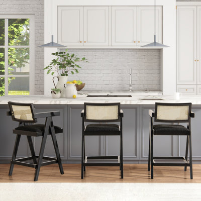 Coulten 25.5" Modern Webbing Back Bar Stool With Arms, Set Of 3, Ebony Black Boucle
