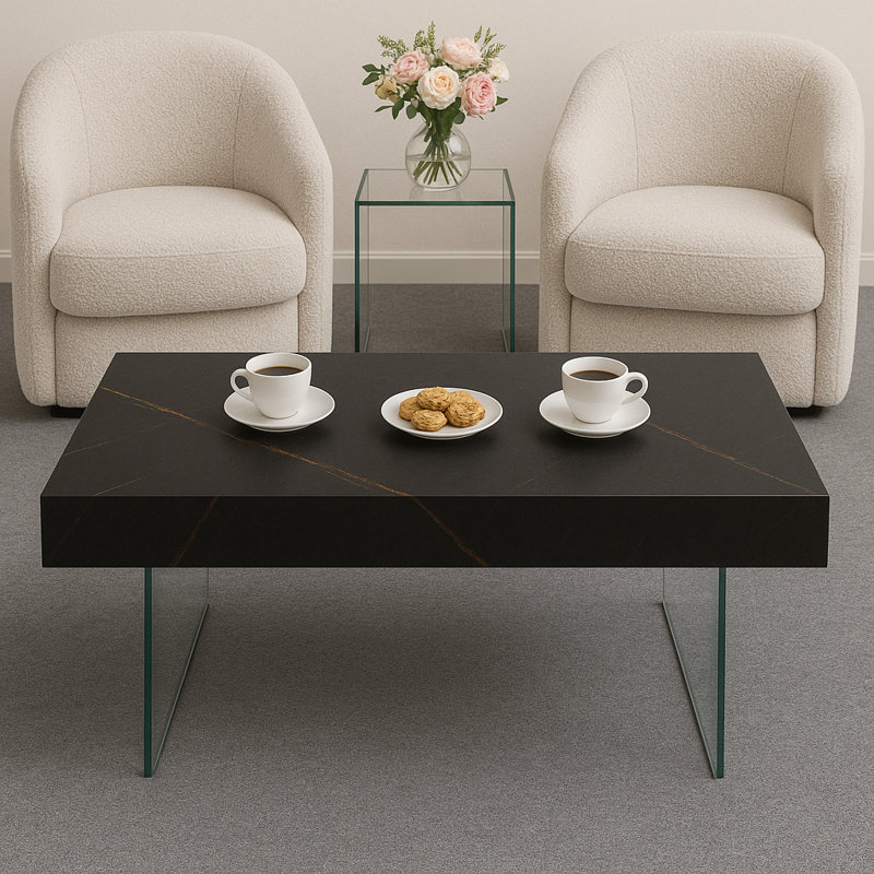Eclipse Granite Veneer Rectangle Coffee Table with Tempered Glass Legs-43" W x 26" D, Black