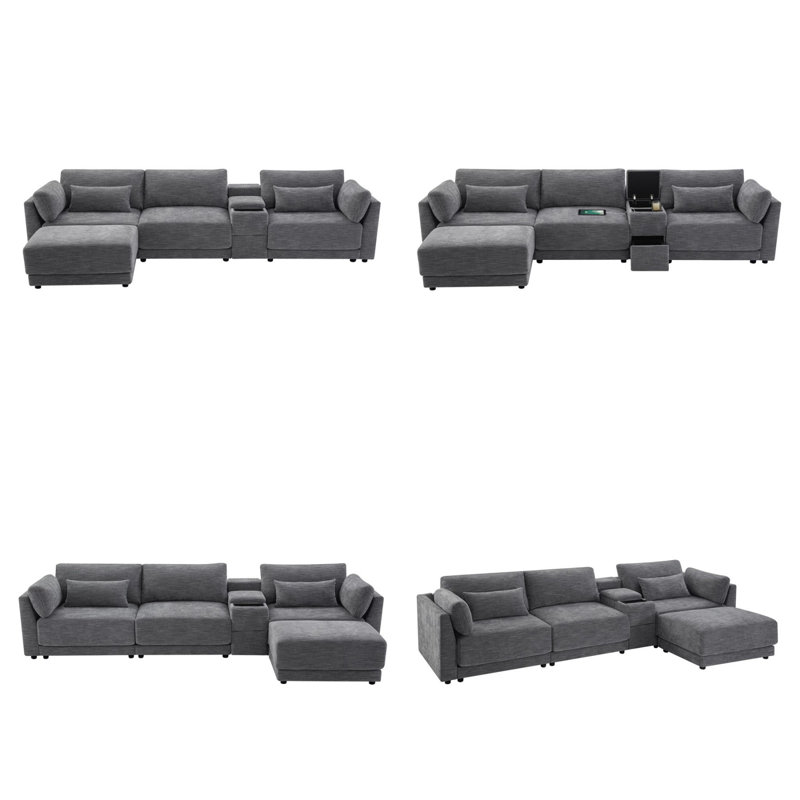 Modular Sectional Sofa with Storage Console and Movable Ottoman, Grey Chenille