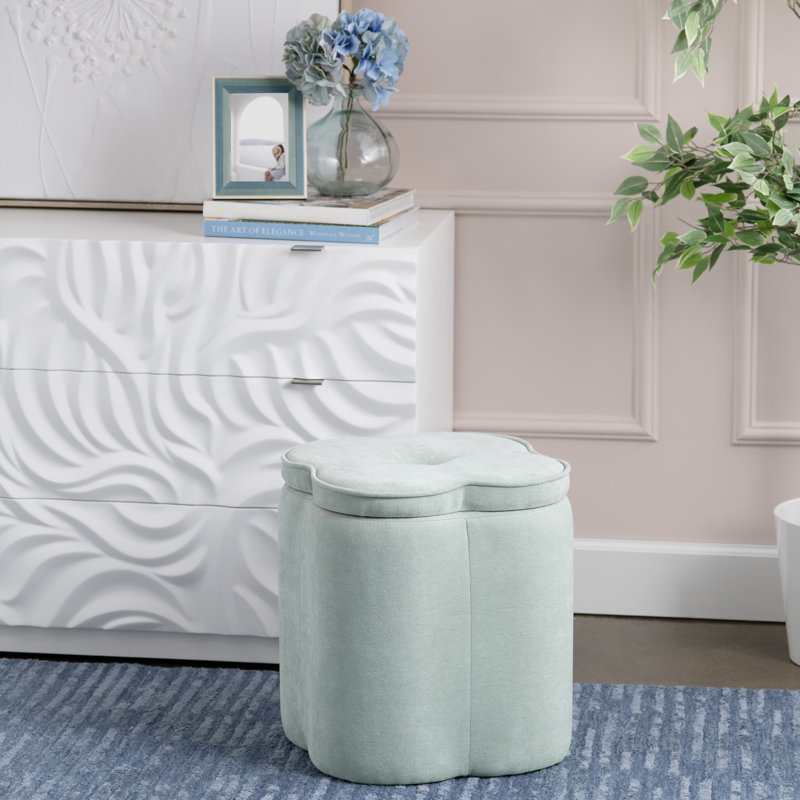 Chenille Flower Ottoman W/ Storage, Light Blue