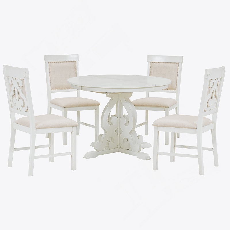 Ensemble de salle à manger 5 pièces, 1 table extensible avec une rallonge de 16 pouces (blanc antique), Blanc antique
