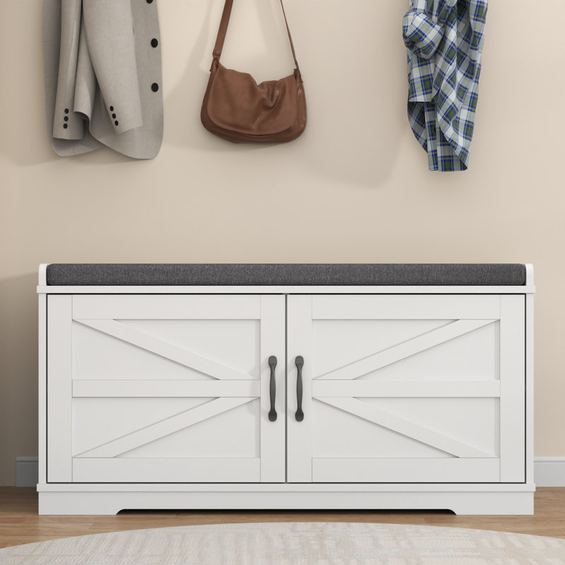 Shoe Storage Bench, Farmhouse Entryway Bench, 2-tier Shoe Bench With Padded Seat Cushion