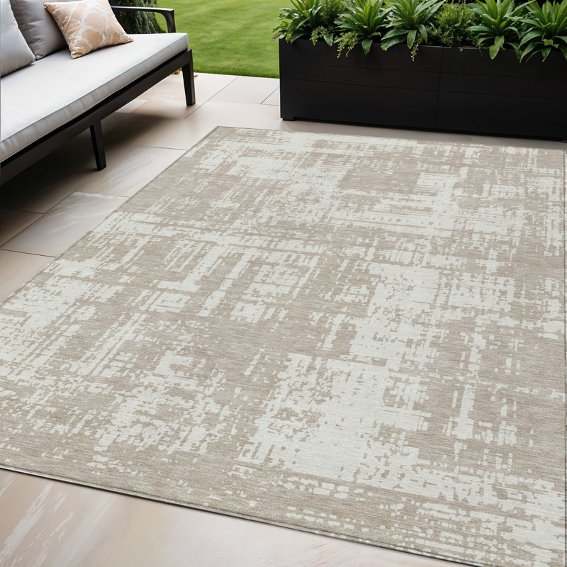 Tapis extérieur lavable abstrait taupe et ivoire 5 pi x 8 pi