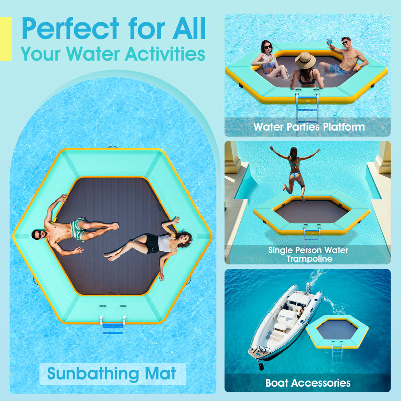 10 FT Hexagonal Floating Ring Inflatable Water Hammock with Soft Ladder, Heavy Duty Lake Raft for Pool and Lake, Inflatable Raft Fits Multiple People for Summer Party, Mint Green+Black