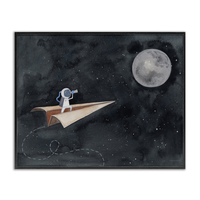 Avion en papier volant dans l'espace extra-large, astronaute, lune XXL, art numérique sur estampe numérique par Rachel Nieman