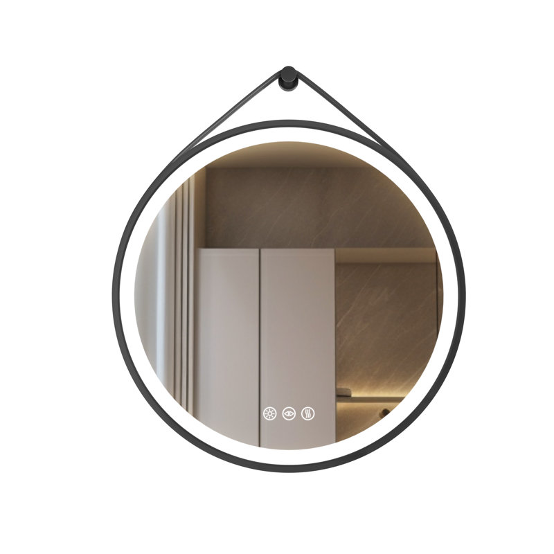 Round Led Bathroom Mirror, Wall Mounted Hanging Vanity Makeup Mirror With Leather Strap, Dimmable 3 Color Temperatures, Anti-fog And Memory Function, Wall Mounted Led Lighted Mirror