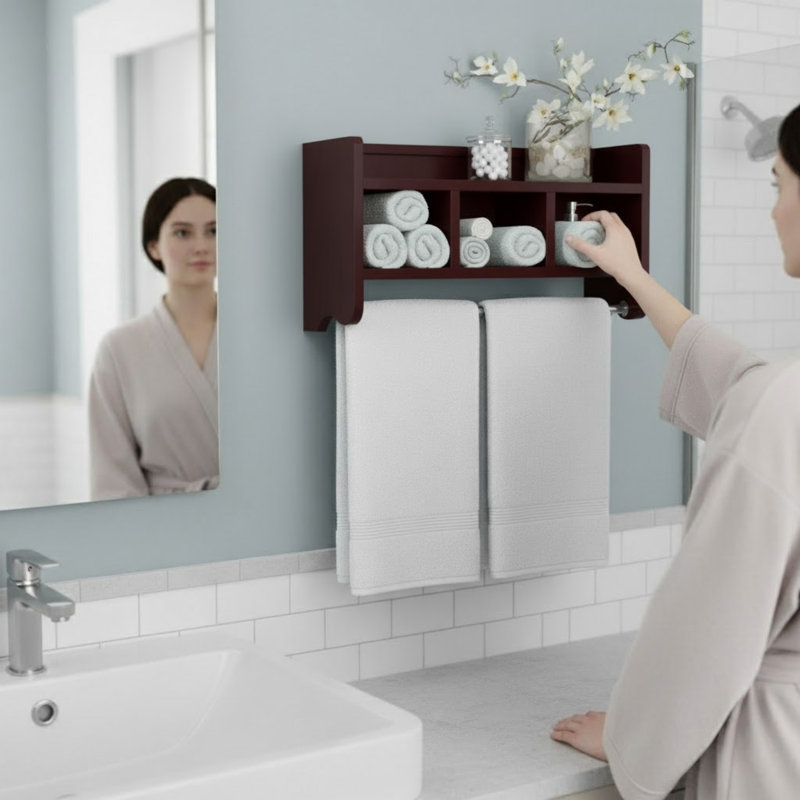 Tablette de salle de bain murale rectangulaire en bois de 25 po de largeur avec rangement et barres à serviettes Afanasie
