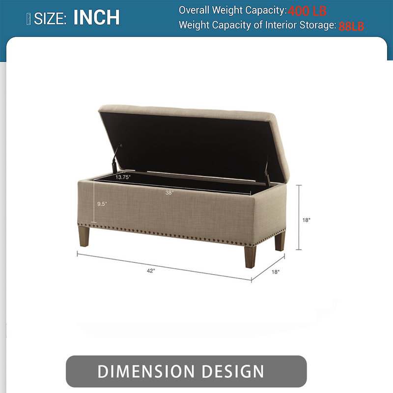 Elmdale Polyester Upholstered Storage Bench, Light Gray