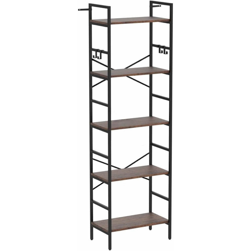 Bibliothèque à 5 niveaux, bibliothèque industrielle à 5 niveaux, bibliothèque sur pied, grand présentoir avec cadre en acier pour le salon, la chambre à coucher, brun rustique 11,8 x 16,1 x 61 pouces
