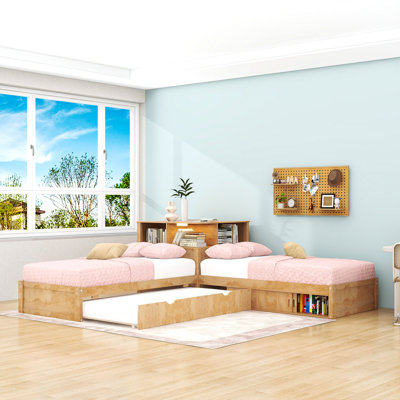 Twin Wooden Platform Bed with LED Light and Trundle and Cabinets
