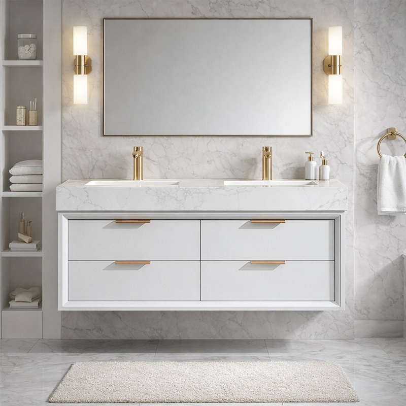  Dunstanburgh 48'' Double Bathroom Vanity with Engineered Stone Top and LED Light, White