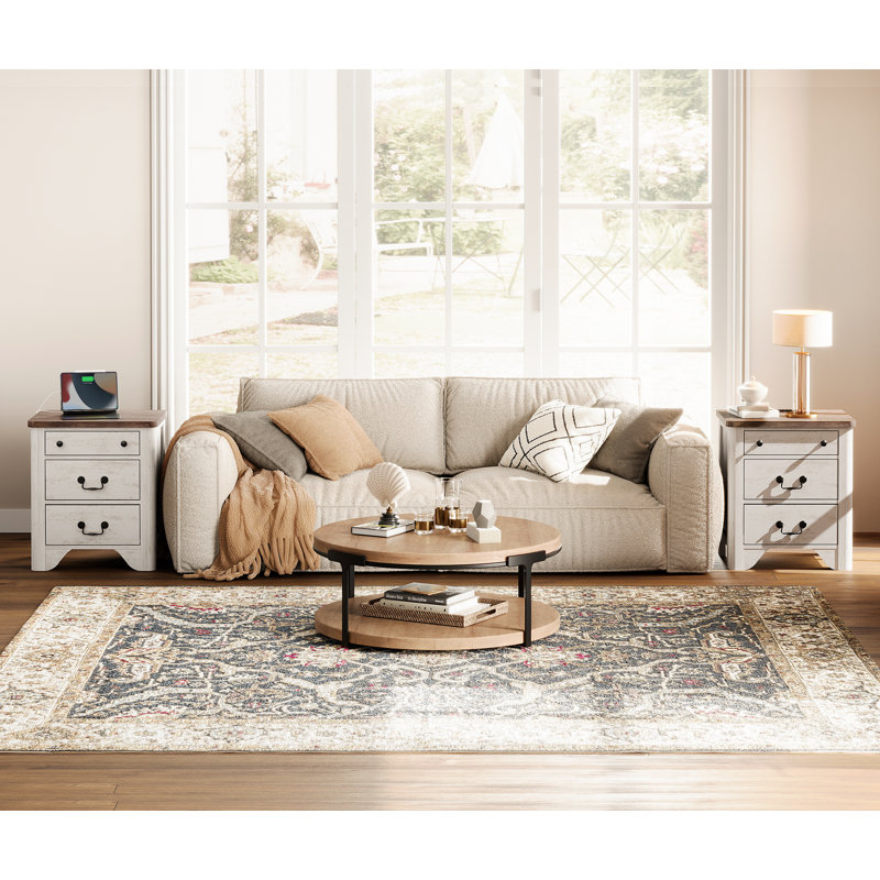 Ensemble de tables de bout en bois avec 3 tiroirs et prises intégrées (ensemble de 2), Blanc, Blanc