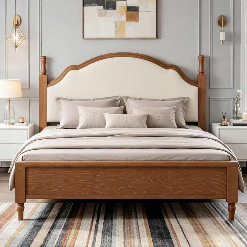 Lit plateforme très grand en bois avec tête de lit tapissier, Très grand lit, Beige/brun
