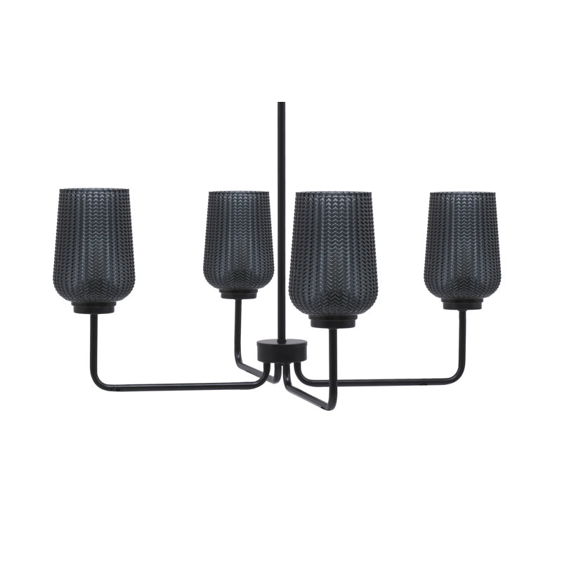 Lustre 4 lumières Amarmula, finition noir mat, verre texturé fumée 5 po, Noir, Transparent/noir