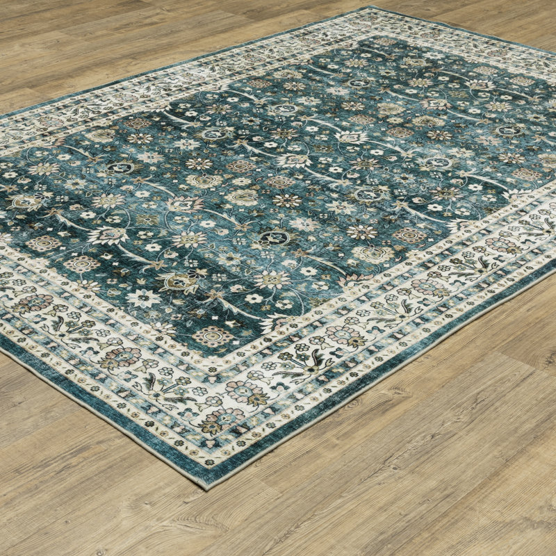 Jadalynn Vintage Bordered Traditional Teal/ Ivory Washable Area Rug Mat, Rectangle 7'6" x 10'