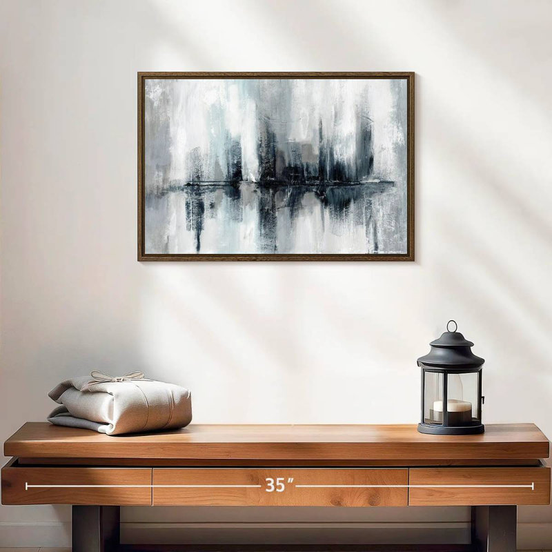 Lumières de port indigo, 19 po x 13 po, Cadre flottant en noyer