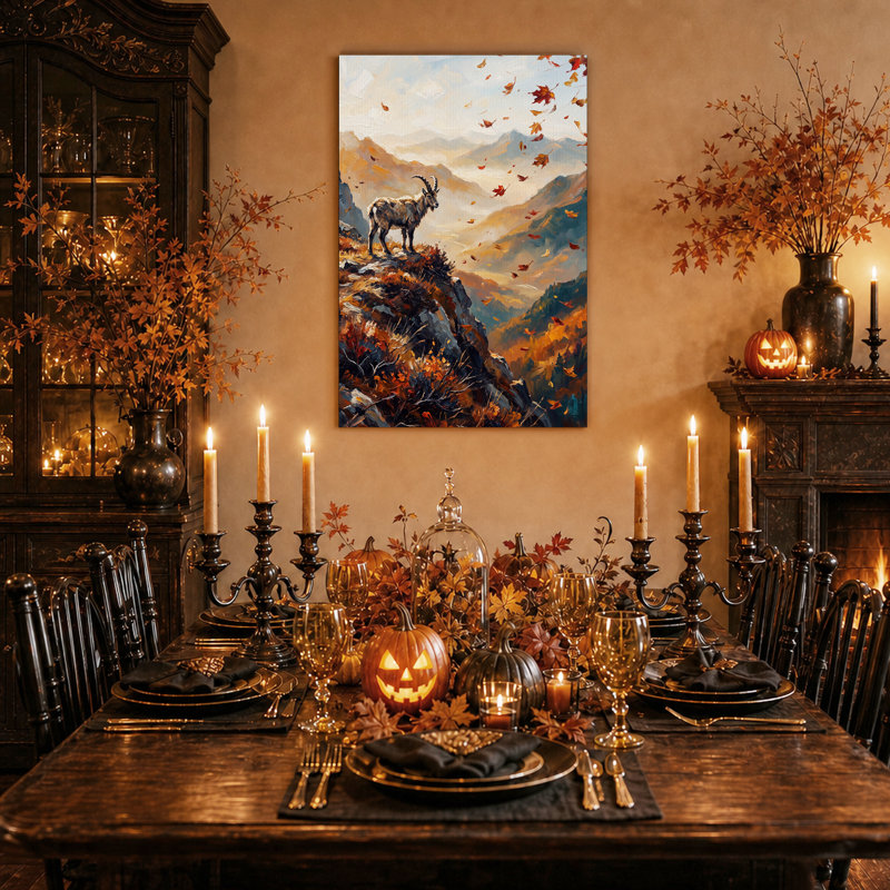 Chèvre de montagne sur une falaise rocheuse avec des feuilles mortes - Toile murale d'Halloween, 48"H x 36"W