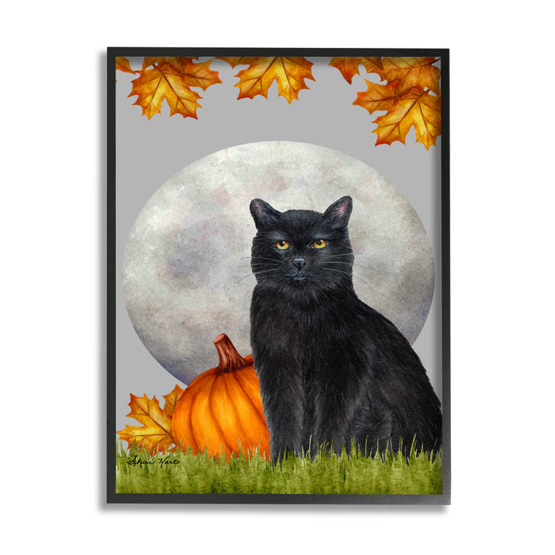 «Black Cat and Full Moon Autumn Leaves Pumpkins» par Sheri Hart - impression d'art graphique, H 30 po x l 24 po x P 1,5 po