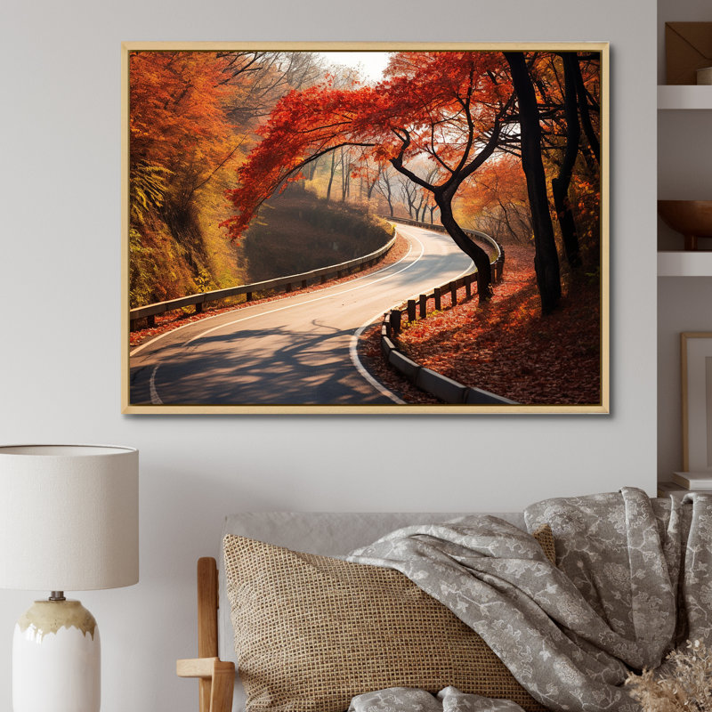 «Crimson Autumn Road Into Forest I» - art mural route, Cadre flottant brun, H 12 po x l 20 po x P 1 po